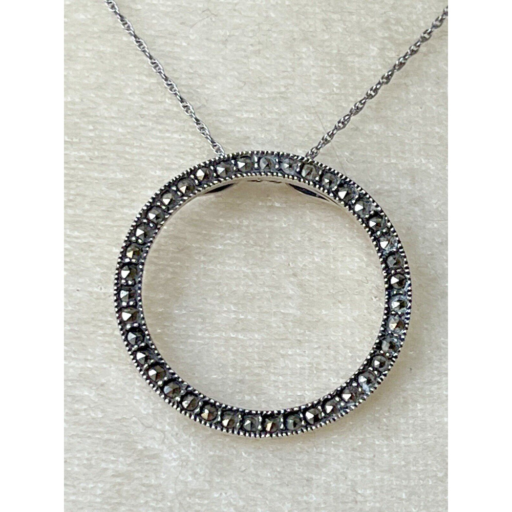 Vintage Delicate Sterling Silver & Marcasite Open Circle Pendant 1 1/4" Wide